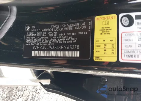 2008 BMW 528I from USA, damaged, VIN WBANU53518BY65278